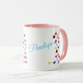 Mug Pénélope, Nom, Avec Lapins, Perroquets Et Fleurs, (Devant droit)