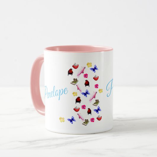 Mug Pénélope, Nom, Avec Lapins, Perroquets Et Fleurs, (Devant gauche)