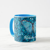 Mug Penser à vous, Modèle brillant bleu brillant (Devant gauche)