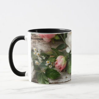 Mug peonies and weathered wood