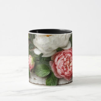 Mug peonies and weathered wood