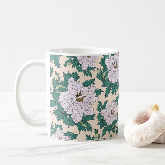 Mug Peonies blanches et Feuilles verts (Avec donut)