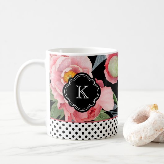 Mug Peonies élégantes et Pois avec Monogramme (Avec donut)