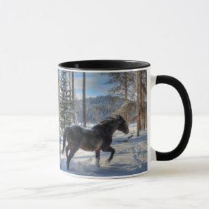 Mug Percheron noir en hiver neige et forêt