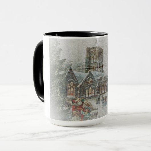 Mug Père Noël ancienne avec enfants devant une église (Devant gauche)