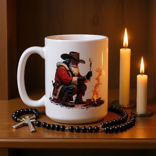 Mug Père Noël Cowboy Fait Rôtir une Guimauve au Feu de
