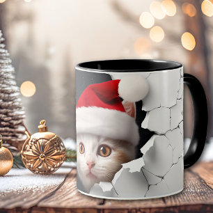 Mug Père Noël Peeeking Chat mur fissuré