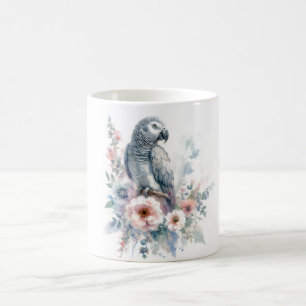 Mug Perroquet Gris Africain Aquarelle Florale