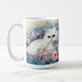 Mug Persian Cat Blue Eyes in Pink Flowers Personalized (Gauche)