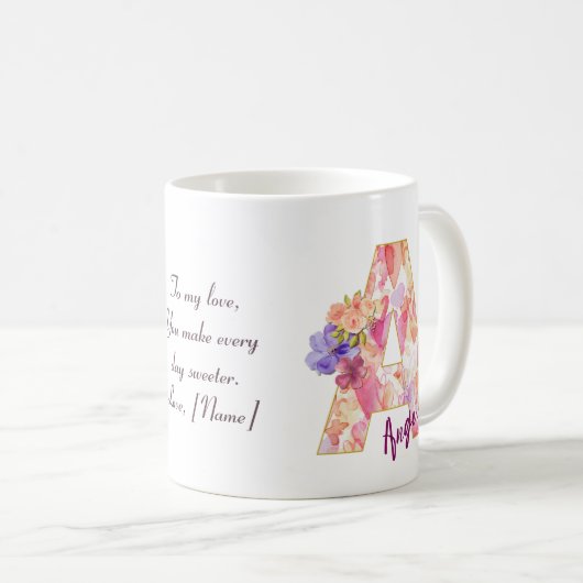 Mug Personalized Angel Initial A with Heart Pattern (Devant droit)