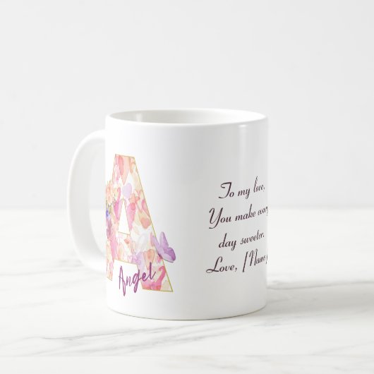 Mug Personalized Angel Initial A with Heart Pattern (Devant gauche)