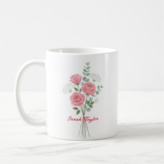 Mug Personalized Birth Flower Pink Rose Custom (Gauche)