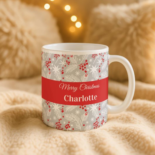 Mug Personalized Christmas Foliage Pattern Custom Name