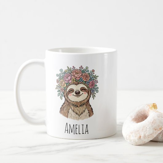 Mug Personalized Cute Floral Sloth with Flower Crown   (Avec donut)