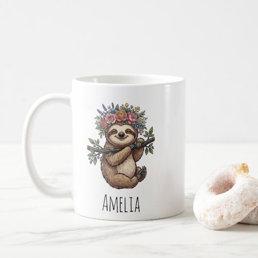 Mug Personalized Cute Floral Sloth with Flower Crown   (Avec donut)