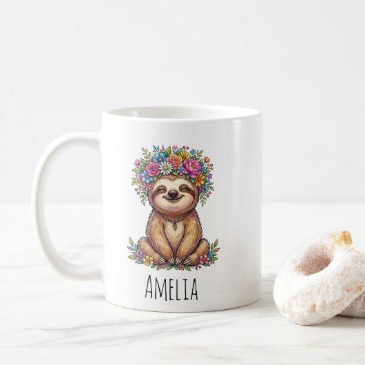 Mug Personalized Cute Floral Sloth with Flower Crown   (Avec donut)