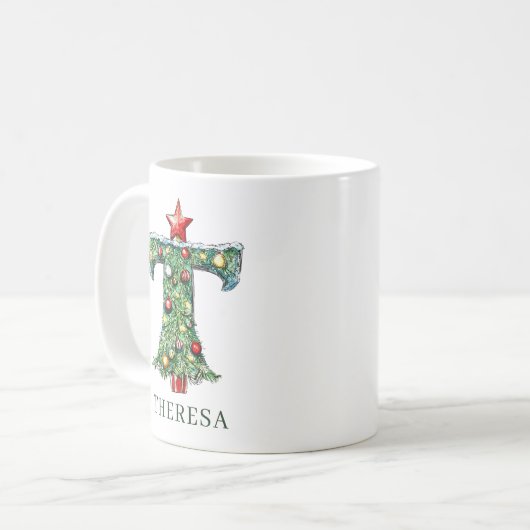 Mug Personalized Festive Christmas Tree Monogram T (Devant gauche)