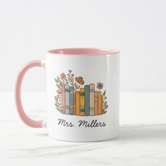 Mug Personalized Floral Books Mug, teacher coffee mug, (Gauche)