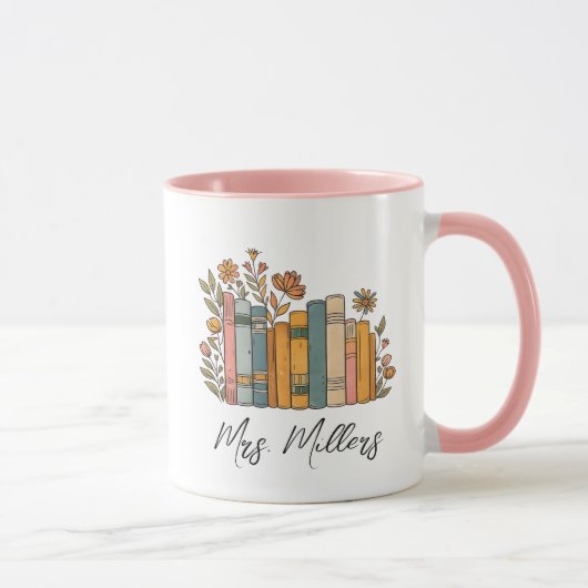 Mug Personalized Floral Books Mug, teacher coffee mug, (Droite)