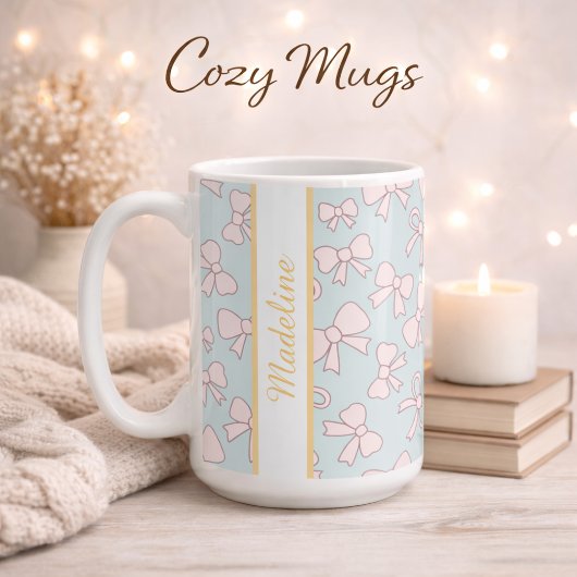 Mug Personalized Girl Cute Bow Name Blue Pink