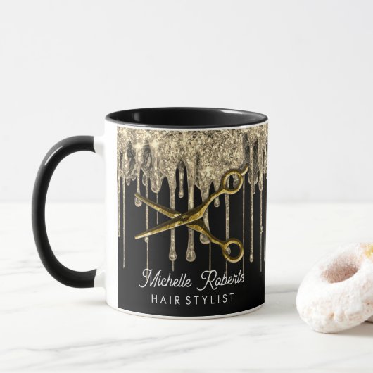 Mug Personalized Gold Glitter Scissors Hair Salon    (Avec donut)