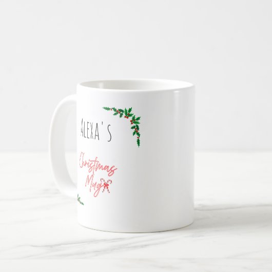 Mug Personalized Holly Berry Candy Cane Name Christmas (Devant gauche)