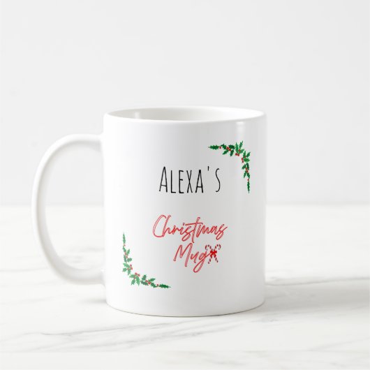 Mug Personalized Holly Berry Candy Cane Name Christmas (Gauche)