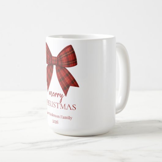 Mug Personalized Merry Christmas | Red Plaid Bow (Devant droit)