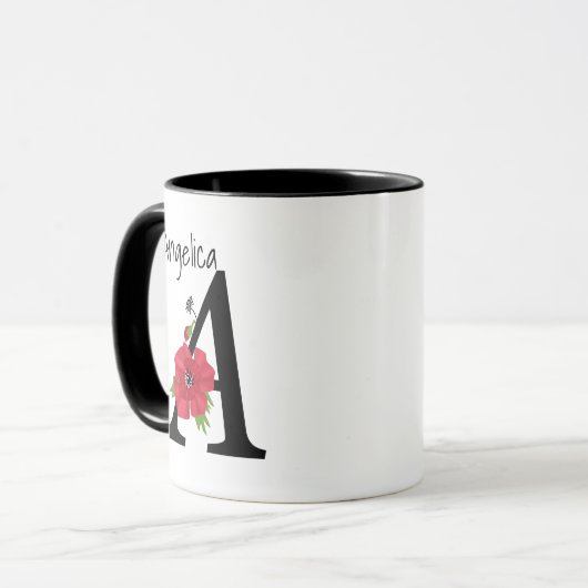 Mug Personalized monogram editable A text red flower f (Devant gauche)