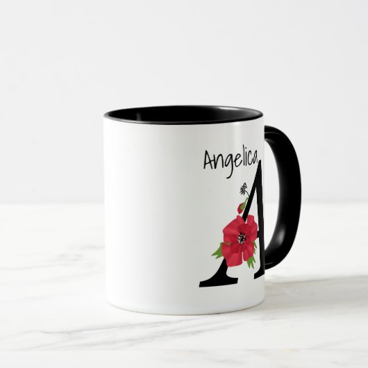Mug Personalized monogram editable A text red flower f (Devant droit)