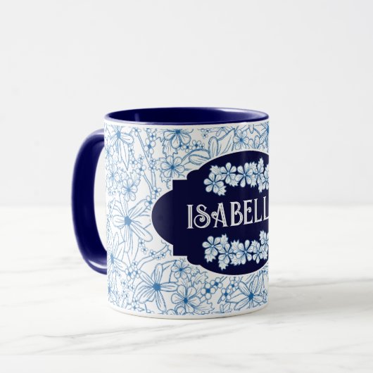 Mug Personalized Name Feminine Blue Floral Pattern (Devant gauche)