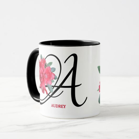 Mug Personnalisable Audrey nom fleurs rouges boho tend (Devant gauche)