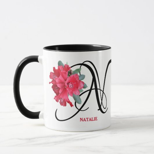 Mug Personnalisable Nom Natalie monogramme fleurs roug (Gauche)