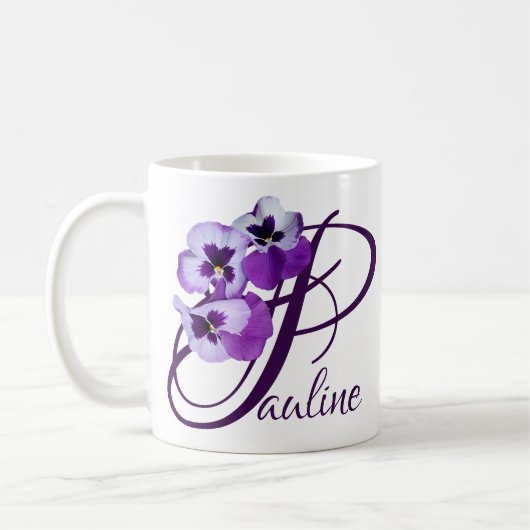 Mug Personnalisable nom Pauline violet pansé fleuri (Gauche)