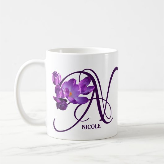 Mug Personnalisable violet fleuri Nom Nicole monogramm (Gauche)