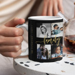 Mug Personnalisé 10 photo collage votre script de fami<br><div class="desc">Créez votre propre belle famille 10 photo collage noir mug avec faux or écriture calligraphie script et texte modèle typographie "nom de famille, année et notre histoire continue". Peut être un cadeau personnalisé pour un anniversaire de famille, Noël, un cadeau pour grand-mère ou grand-père, pour maman ou papa à la...</div>