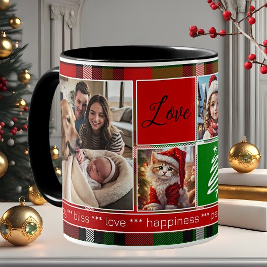 Mug Personnalisé 5 Photos Vert Rouge Plaid Noël