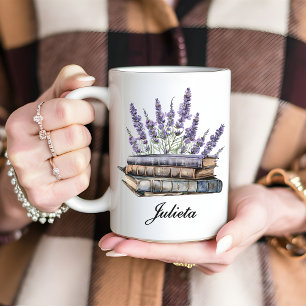 Mug personnalisé avec fleurs de lavande et livre,