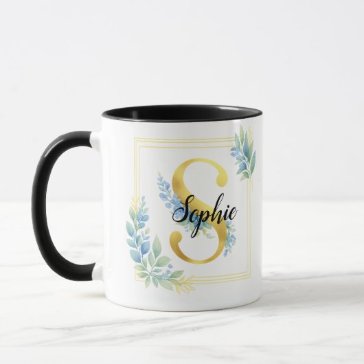 Mug personnalisé avec nom • Initiale florale et do (Gauche)
