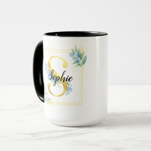 Mug personnalisé avec nom • Initiale florale et do (Devant gauche)
