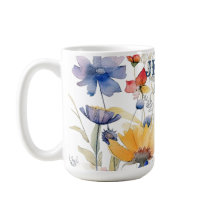 Mug personnalisé bleu doré fleurs sauvages bohème