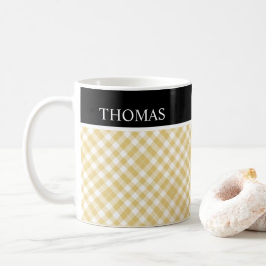 Mug Personnalisé jaune blanc En vichy Nom personnalisé (Avec donut)
