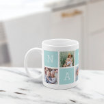 Mug Personnalisé Nana Grand-mère 5 Photo Collage<br><div class="desc">Créez un gentil souvenir pour grand-mère avec ce design simple qui comprend cinq de vos photos Instagram préférées, arrangé dans un montage avec des carrés alternatifs en vert menthe pastel, épelant "Nana" avec un coeur dans le dernier carré. Personnalisez avec des photos préférées de ses petits-enfants pour un cadeau précieux...</div>