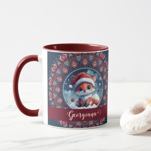Mug Personnalisé Noël mignon Kawaii Fox Dot Mandala (Avec donut)