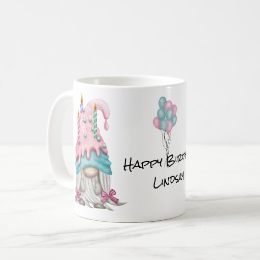 Mug Personnaliser fille Gnome rose bleu bougie d'anniv (Devant gauche)