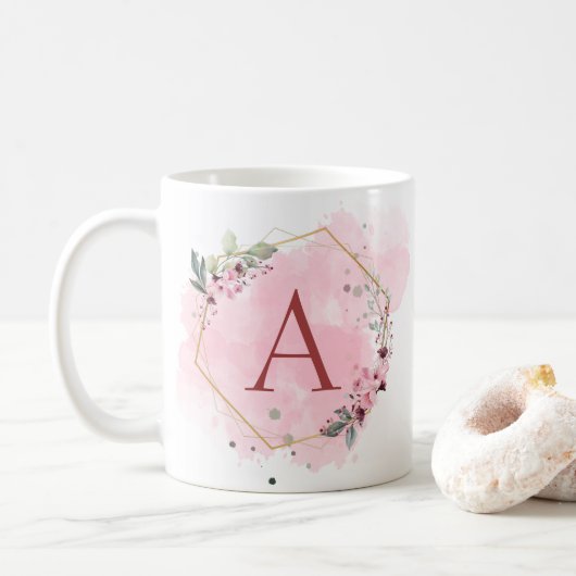 Mug Personnaliser l'aquarelle rose cadre floral initia (Avec donut)