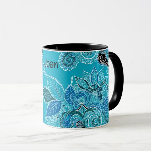 Mug Personnaliser le nom Boho bleu Paisley noir intéri (Devant droit)
