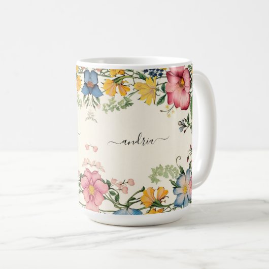 Mug Personnaliser le nom du script noir, Fleurs sauvag (Devant droit)