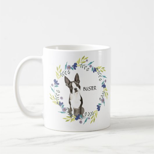 Mug Personnaliser Watercolor Boston Terrier Blue Wreat (Gauche)