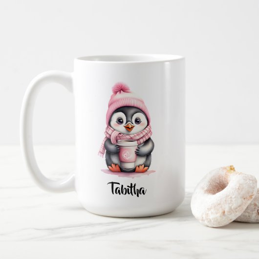 Mug Personnalisez le joli Pingouin rose Noël (Avec donut)
